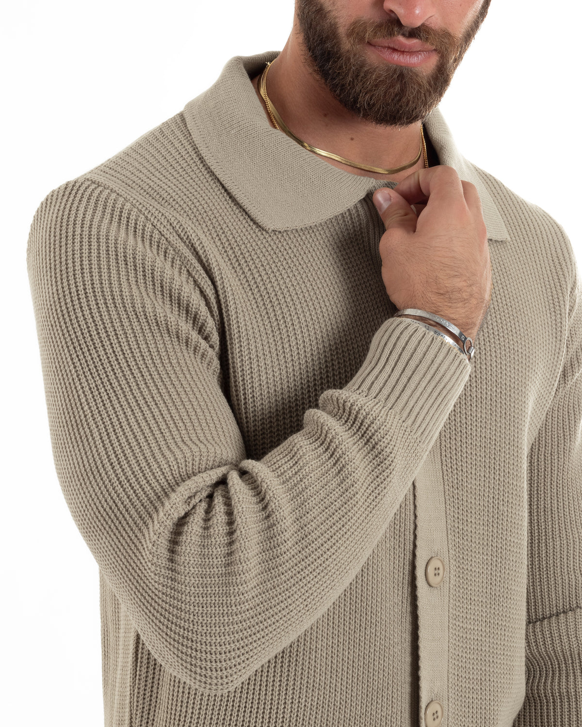 Cardigan Maglioncino Uomo Colletto Polo Bottoni Maglia Inglese Basic Fango GIOSAL-M3144A