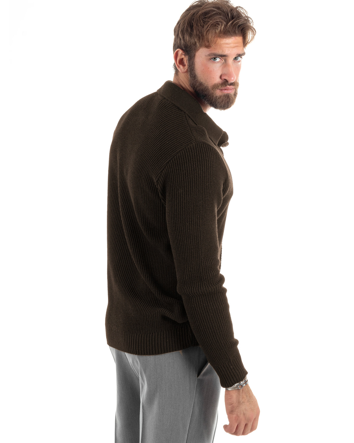 Cardigan Maglioncino Uomo Colletto Polo Bottoni Maglia Inglese Basic Marrone GIOSAL-M3145A