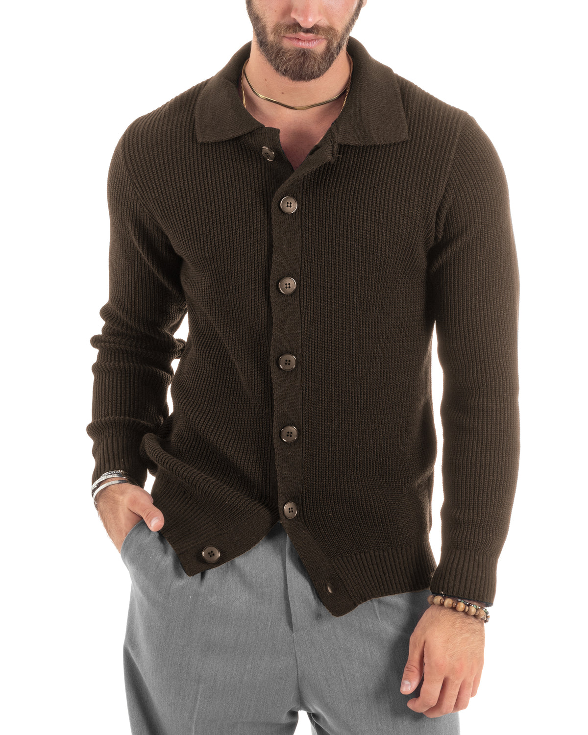 Cardigan Maglioncino Uomo Colletto Polo Bottoni Maglia Inglese Basic Marrone GIOSAL-M3145A