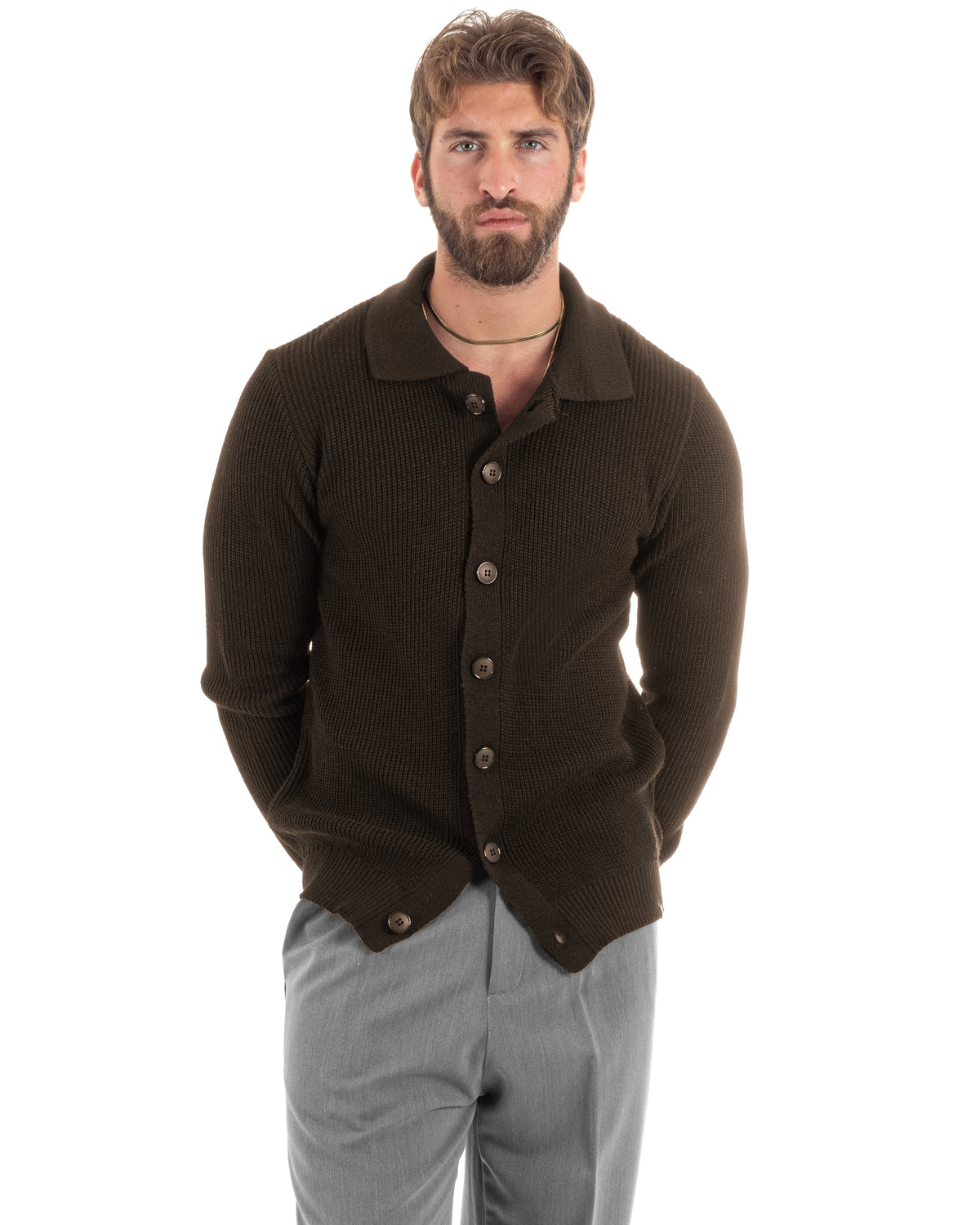 Cardigan Maglioncino Uomo Colletto Polo Bottoni Maglia Inglese Basic Marrone GIOSAL-M3145A