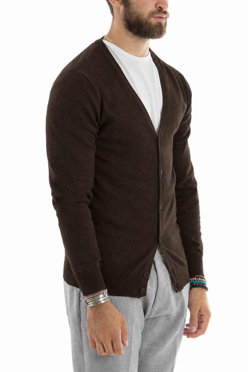Cardigan Maglia Sottile Scollo a V Basic Marrone GIOSAL-M3146A