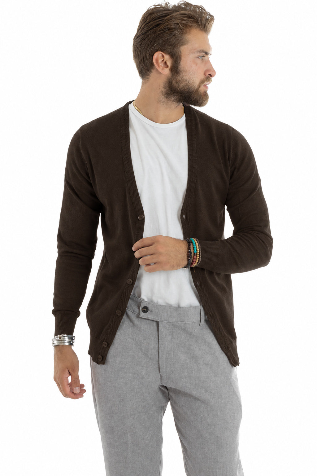 Cardigan Maglia Sottile Scollo a V Basic Marrone GIOSAL-M3146A