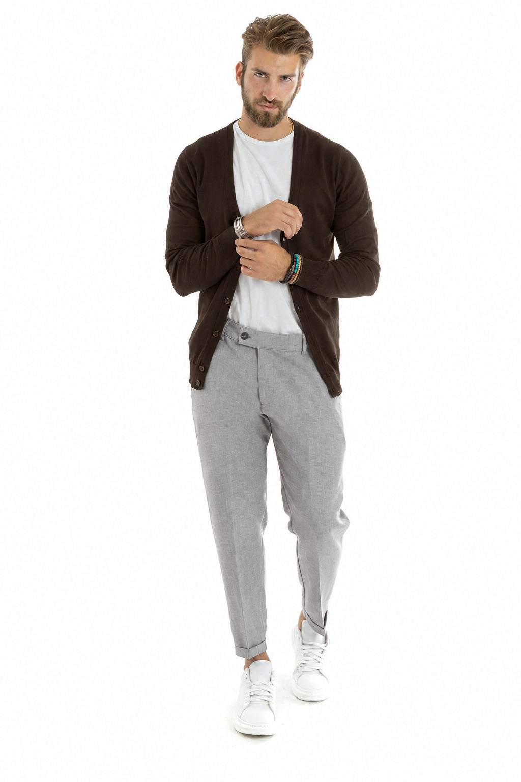 Cardigan Maglia Sottile Scollo a V Basic Marrone GIOSAL-M3146A