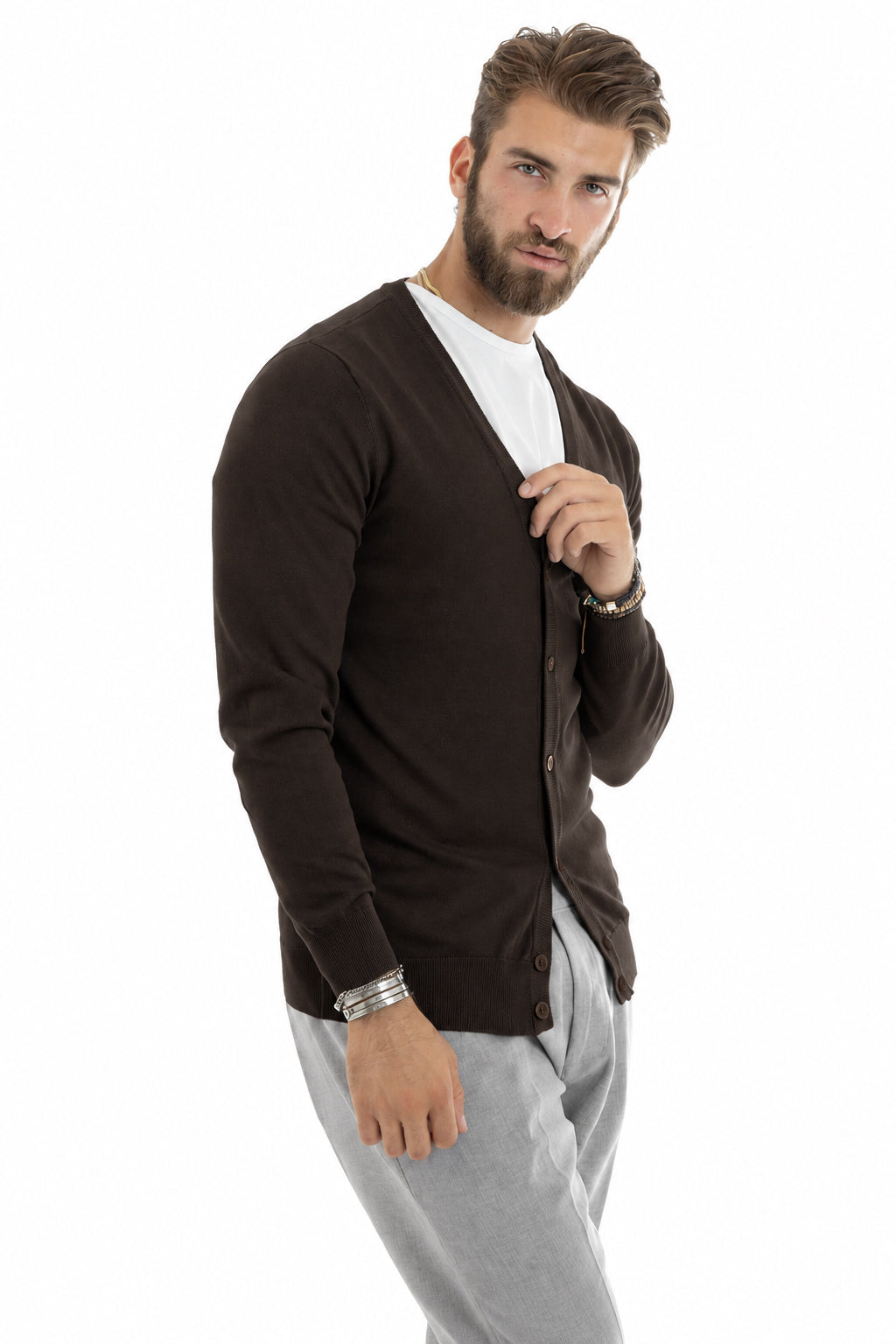 Cardigan Maglia Sottile Scollo a V Basic Marrone GIOSAL-M3146A