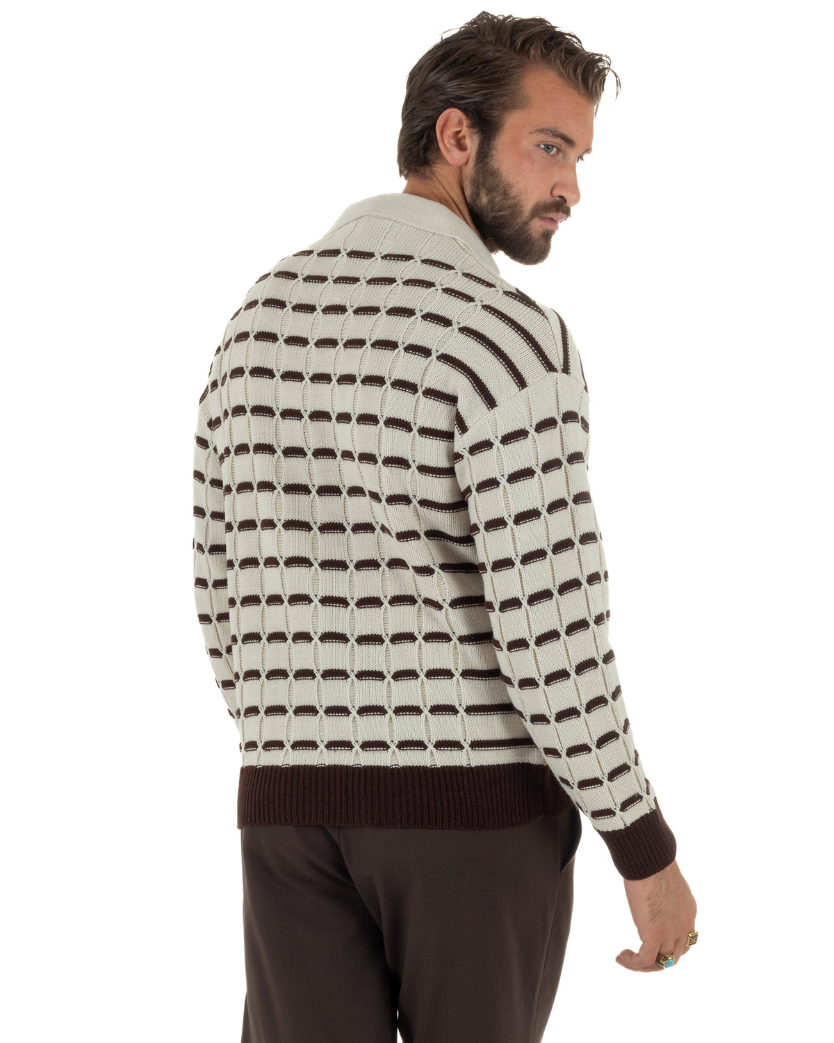 Polo uomo maglia scollo v trecce rigata beige BlackSunday M3148A
