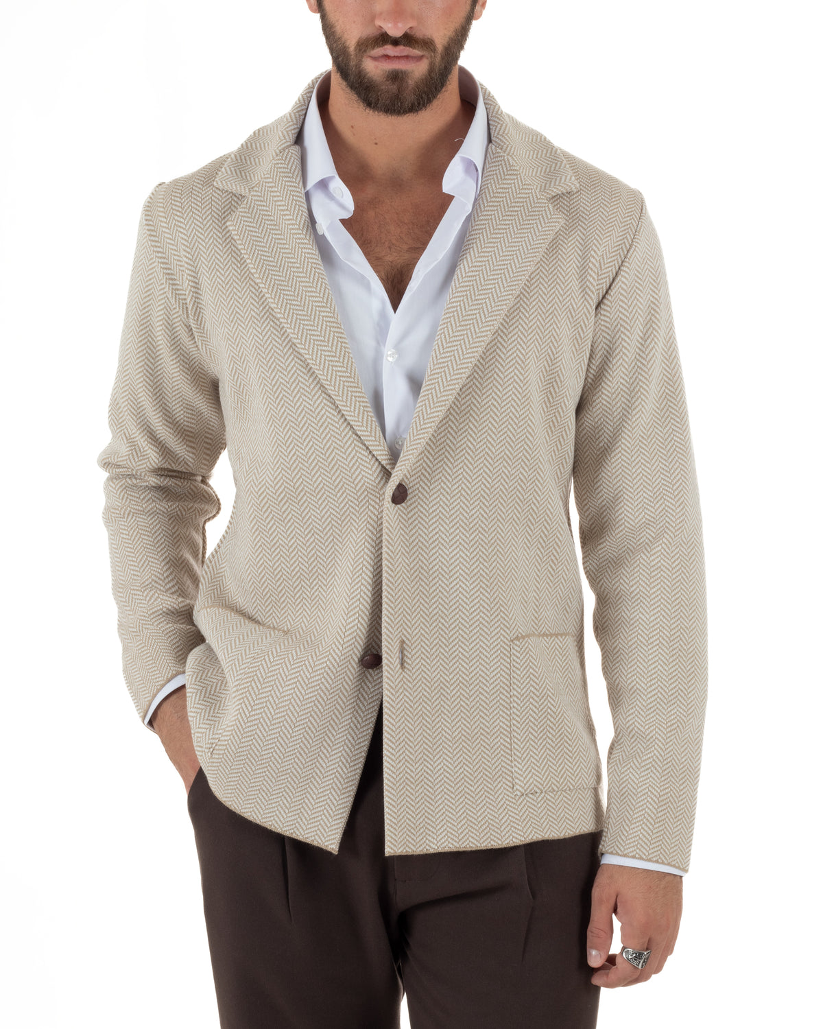 Cardigan giacca blazer uomo monopetto spiga bicolore colletto rever beige BlackSunday-M3149A