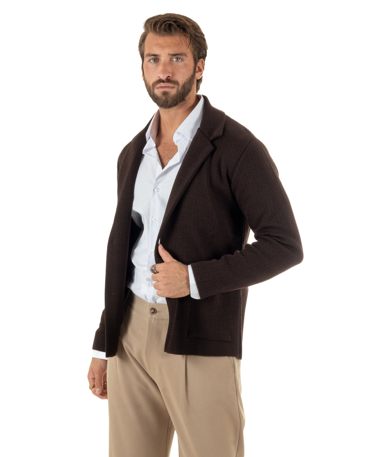 Cardigan giacca blazer uomo monopetto spiga bicolore colletto rever marrone BlackSunday-M3150A