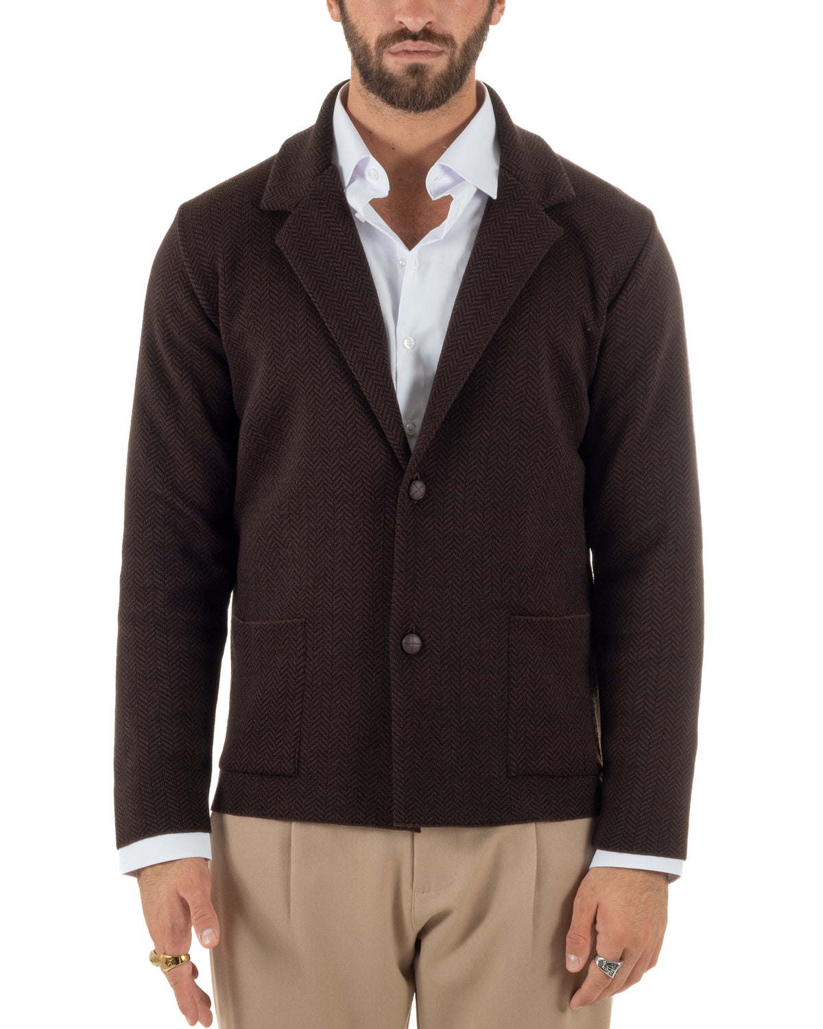 Cardigan giacca blazer uomo monopetto spiga bicolore colletto rever marrone BlackSunday-M3150A
