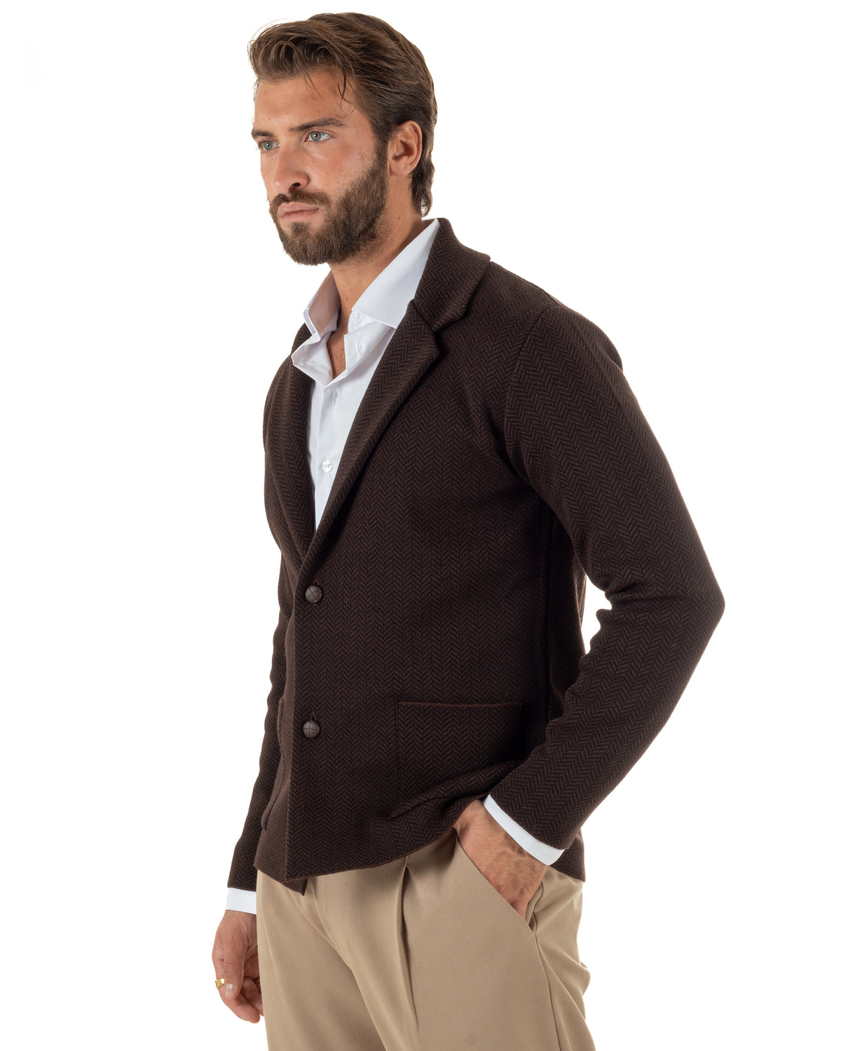 Cardigan giacca blazer uomo monopetto spiga bicolore colletto rever marrone BlackSunday-M3150A
