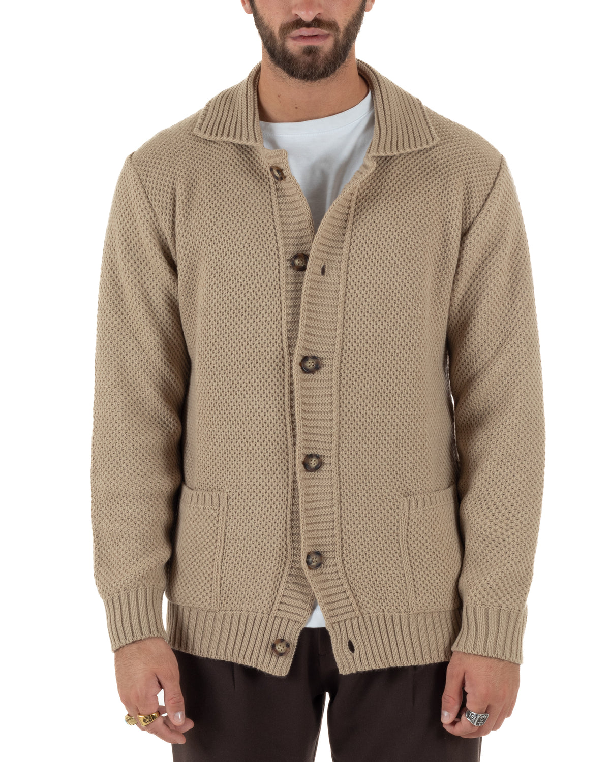 Cardigan polo uomo maglia bottoni nido d'ape tasche beige BlackSunday-M3151A