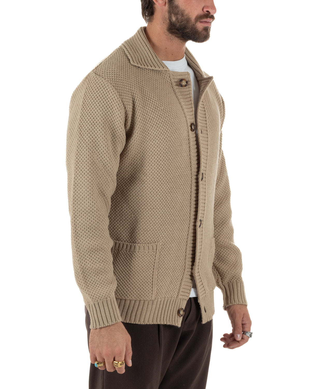 Cardigan polo uomo maglia bottoni nido d'ape tasche beige BlackSunday-M3151A