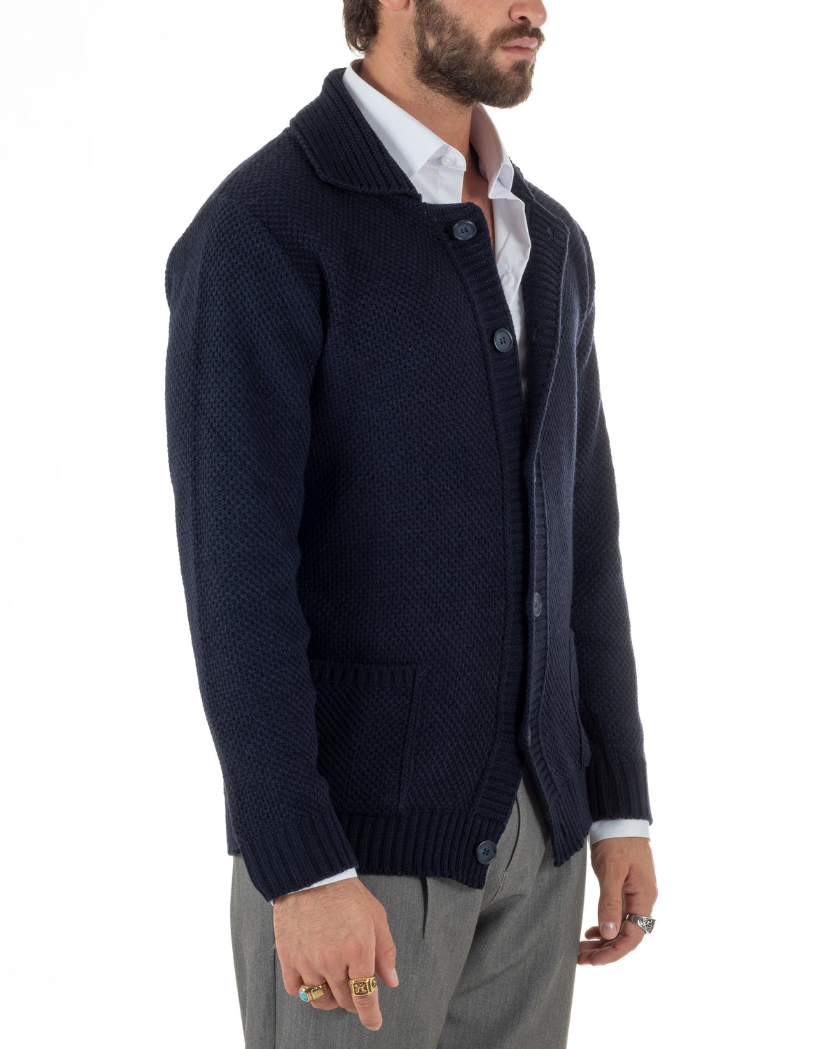 Cardigan polo uomo maglia bottoni nido d'ape tasche blu BlackSunday-M3152A