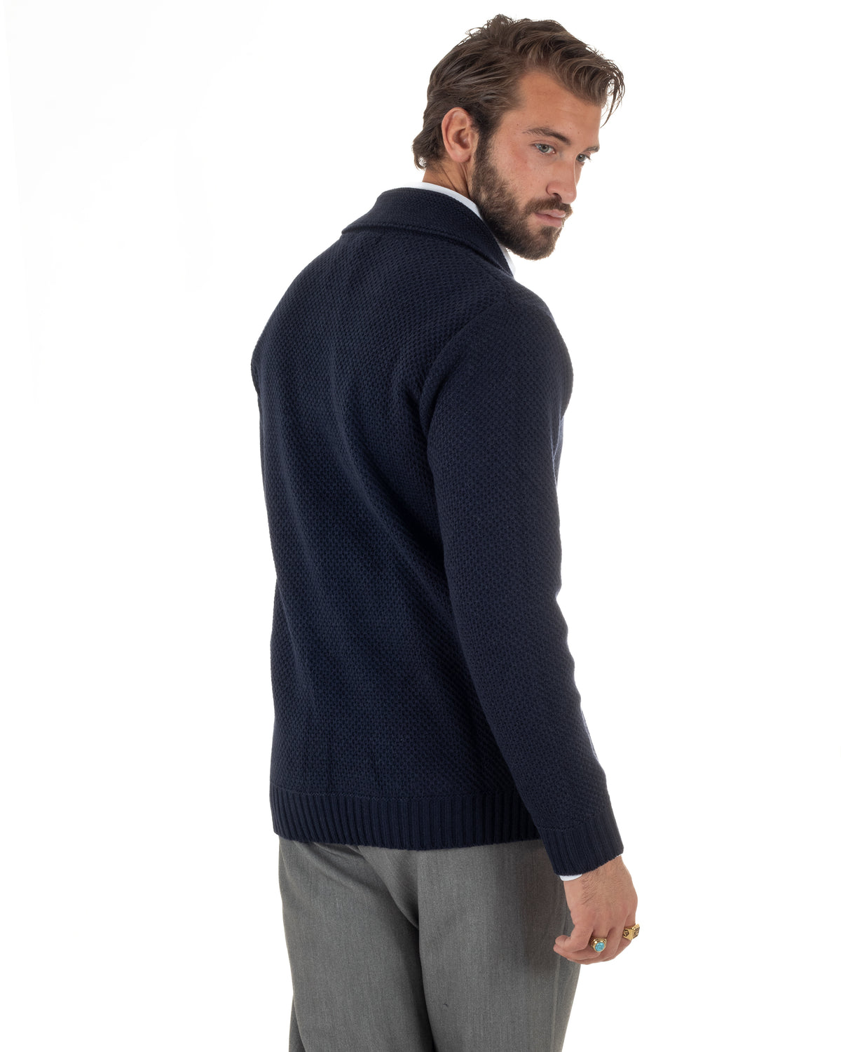 Cardigan polo uomo maglia bottoni nido d'ape tasche blu BlackSunday-M3152A
