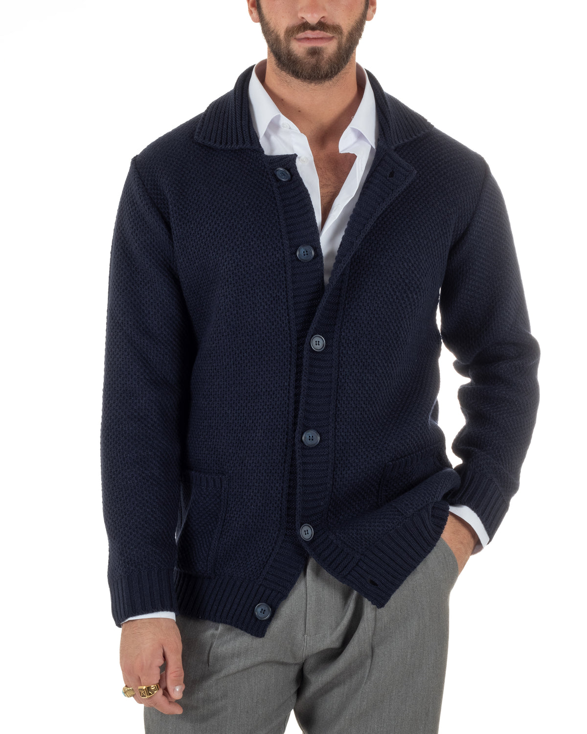 Cardigan polo uomo maglia bottoni nido d'ape tasche blu BlackSunday-M3152A