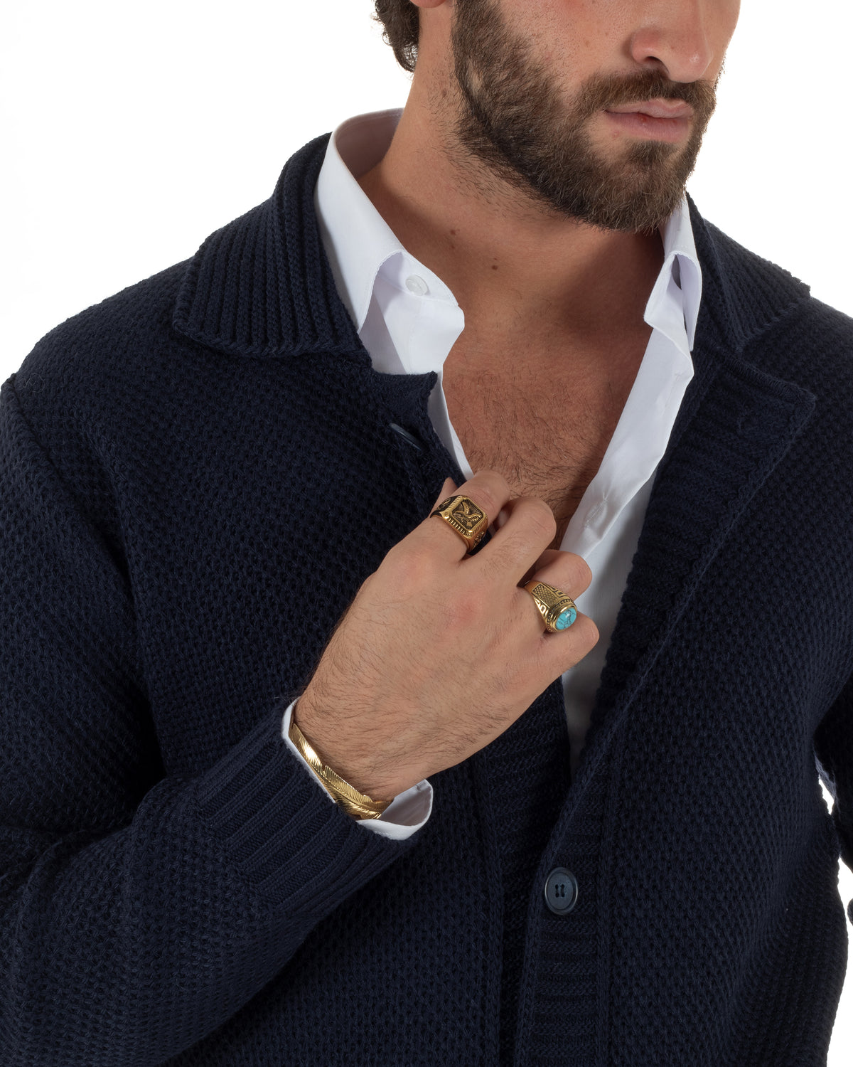 Cardigan polo uomo maglia bottoni nido d'ape tasche blu BlackSunday-M3152A