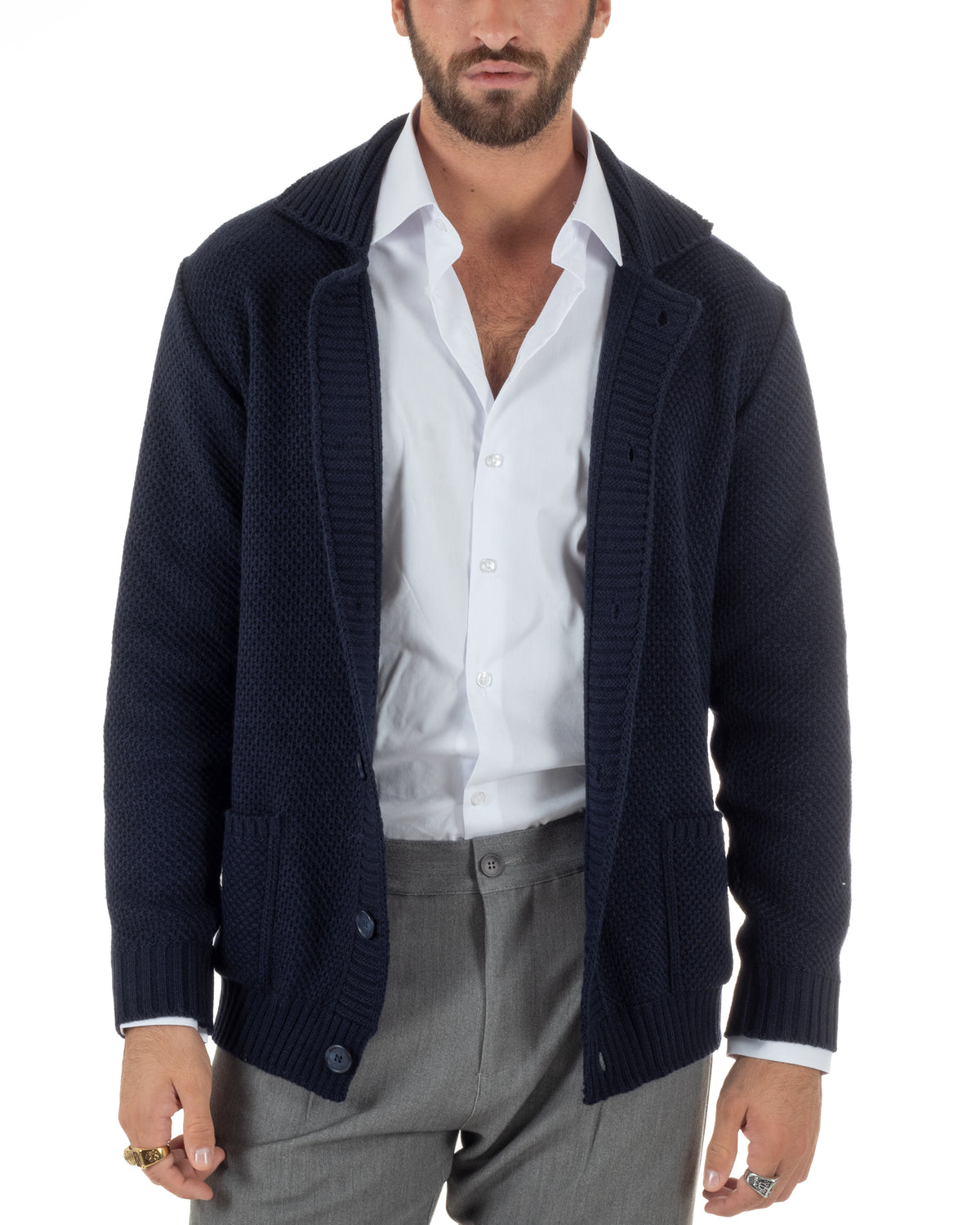 Cardigan polo uomo maglia bottoni nido d'ape tasche blu BlackSunday-M3152A