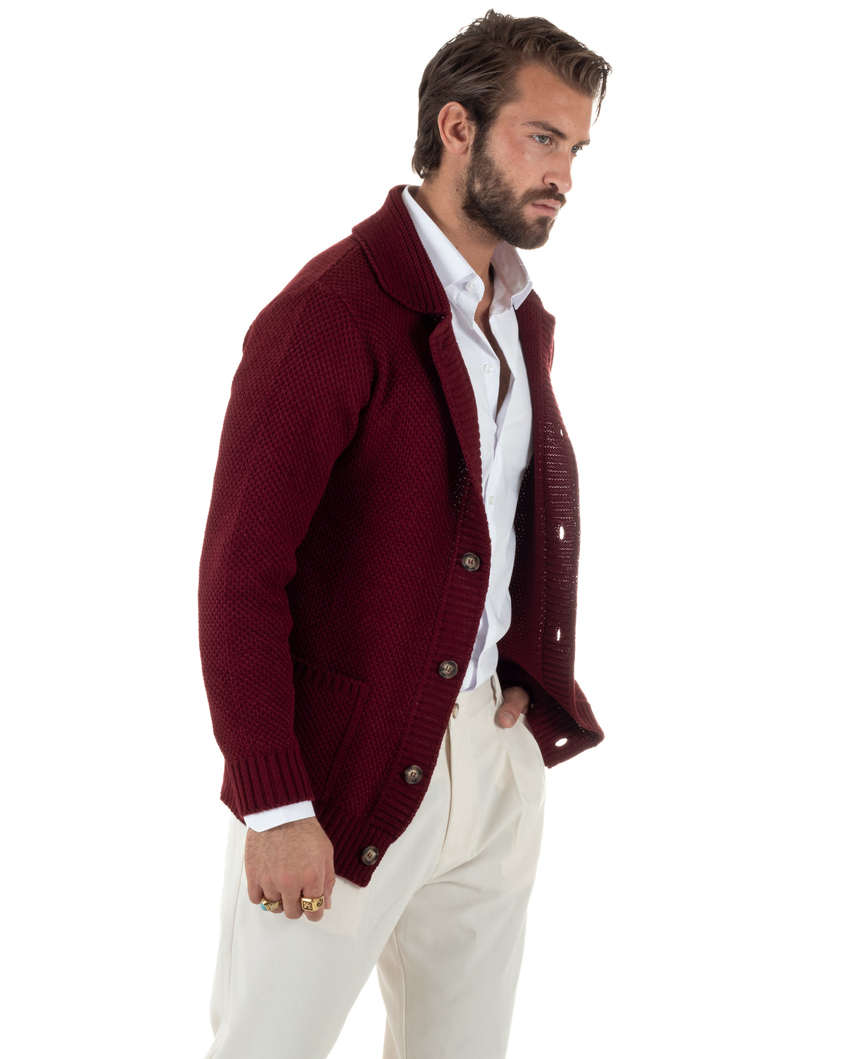 Cardigan polo uomo maglia bottoni nido d'ape tasche bordeaux BlackSunday-M3153A