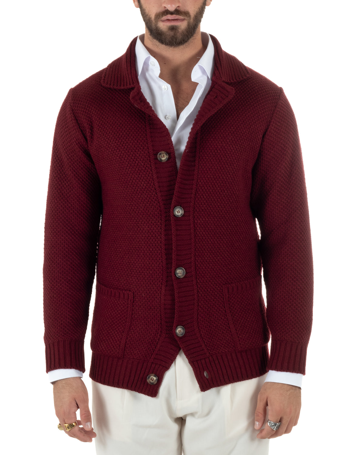 Cardigan polo uomo maglia bottoni nido d'ape tasche bordeaux BlackSunday-M3153A