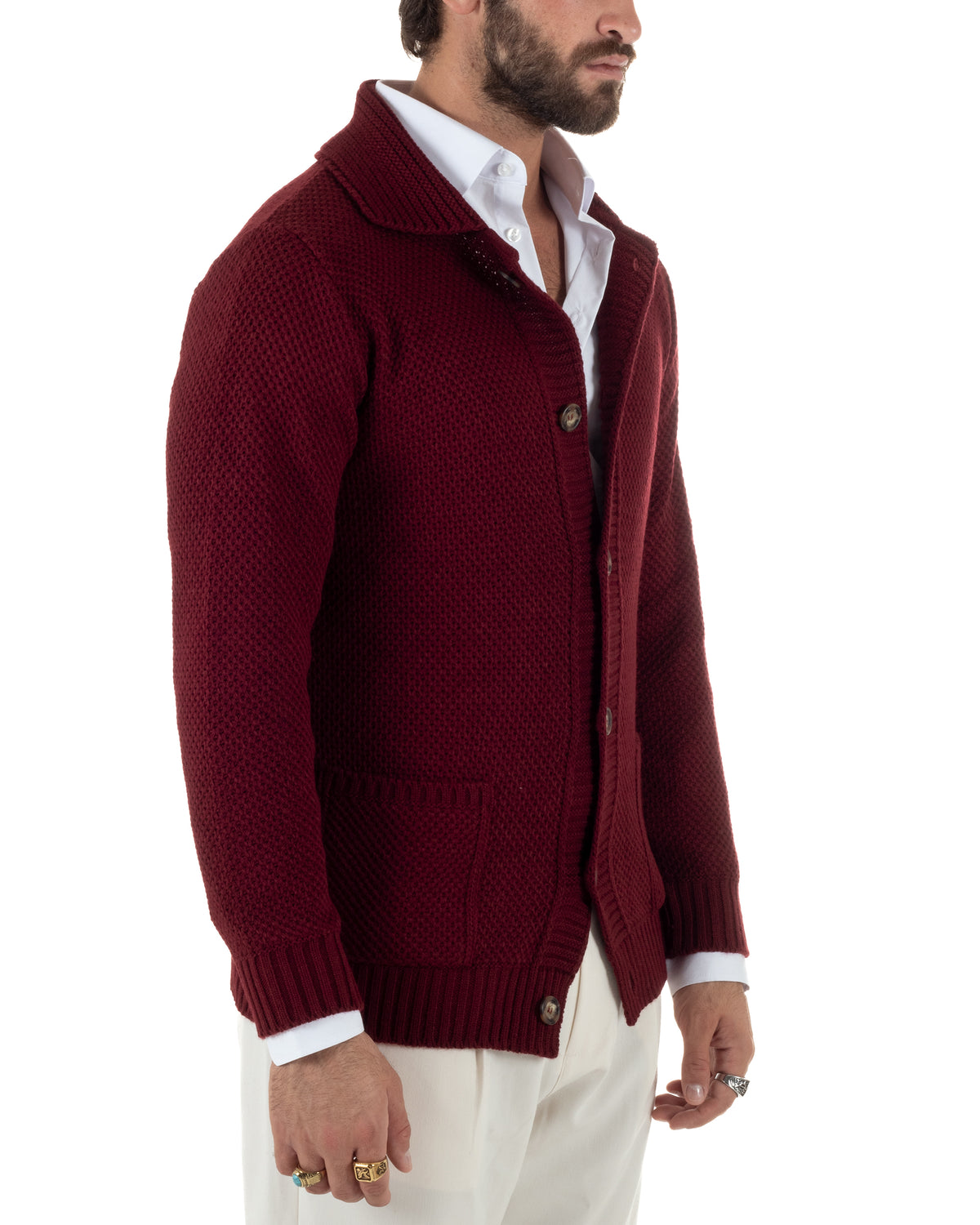 Cardigan polo uomo maglia bottoni nido d'ape tasche bordeaux BlackSunday-M3153A
