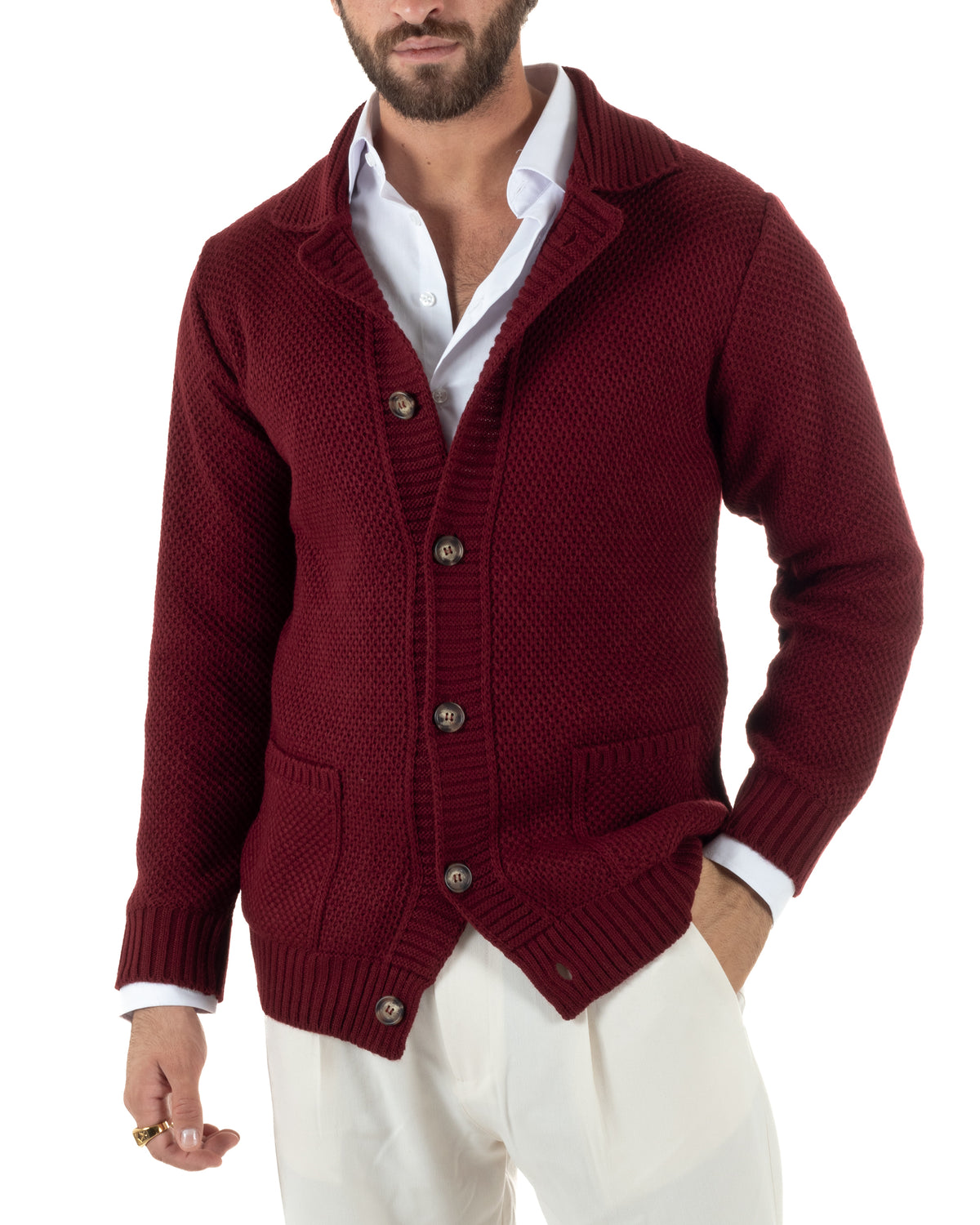 Cardigan polo uomo maglia bottoni nido d'ape tasche bordeaux BlackSunday-M3153A