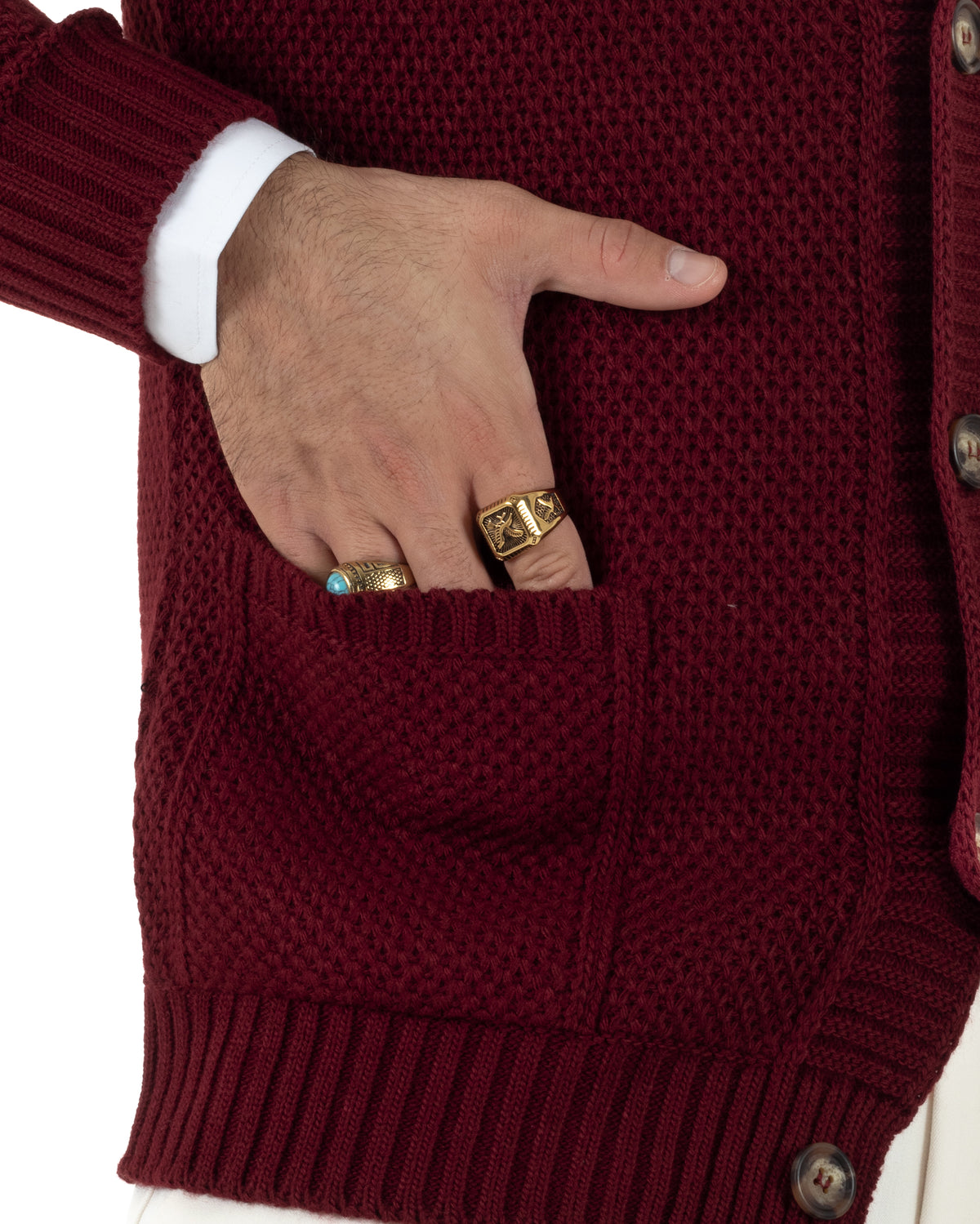 Cardigan polo uomo maglia bottoni nido d'ape tasche bordeaux BlackSunday-M3153A