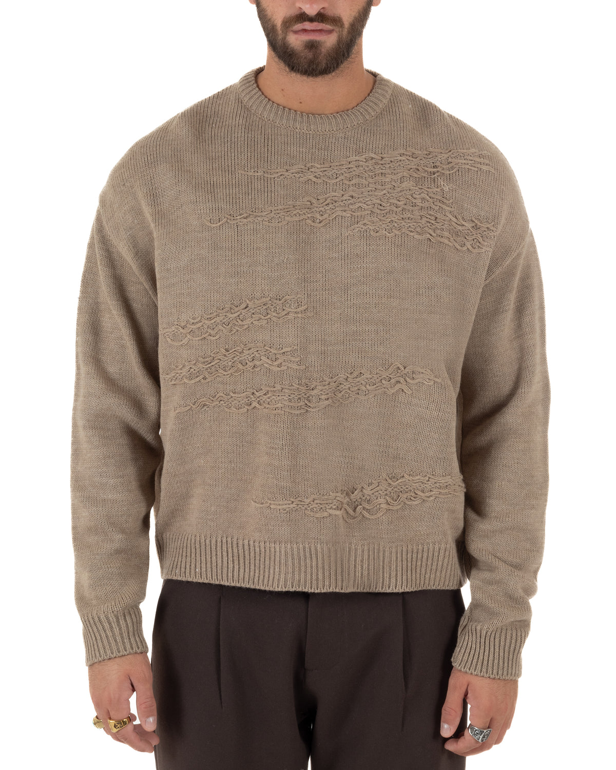 Maglioncino uomo girocollo boxy fit intrecci effetto sfilacciato beige GIOSAL-M3154A