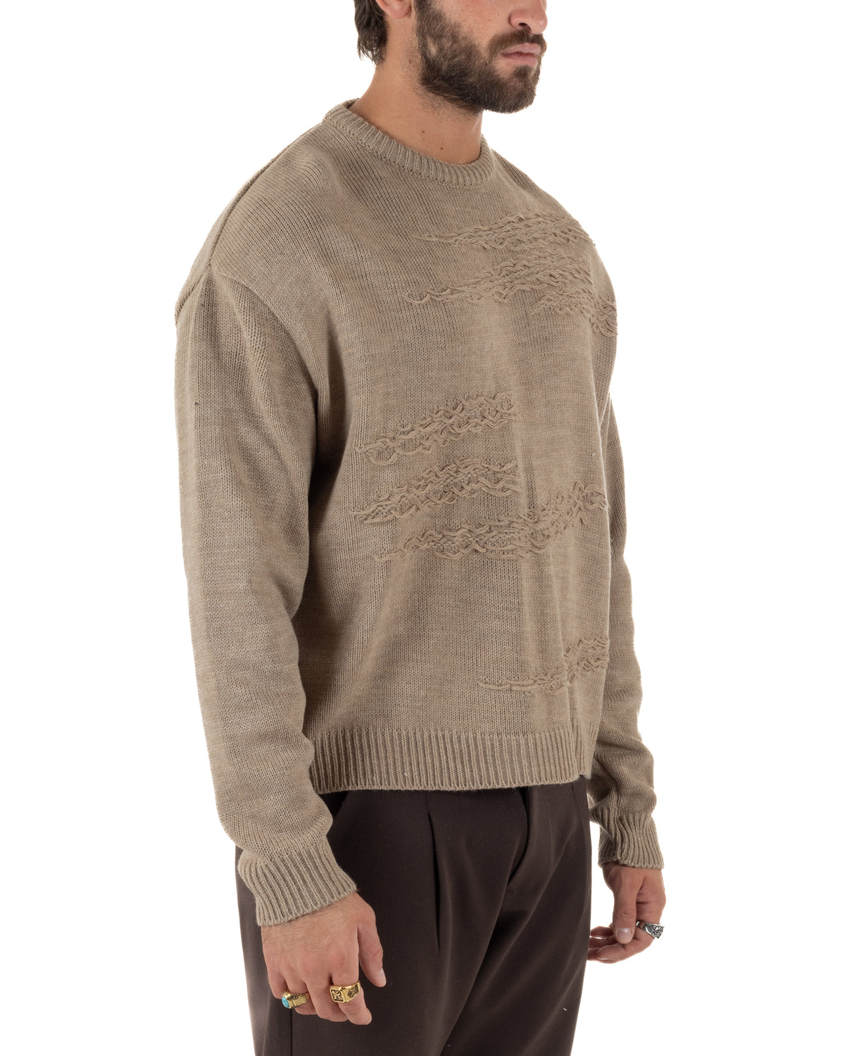Maglioncino uomo girocollo boxy fit intrecci effetto sfilacciato beige GIOSAL-M3154A