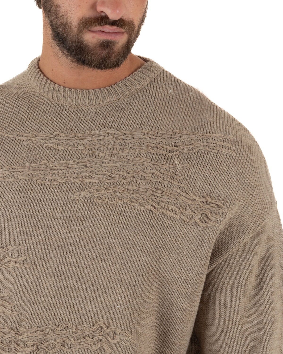 Maglioncino uomo girocollo boxy fit intrecci effetto sfilacciato beige GIOSAL-M3154A