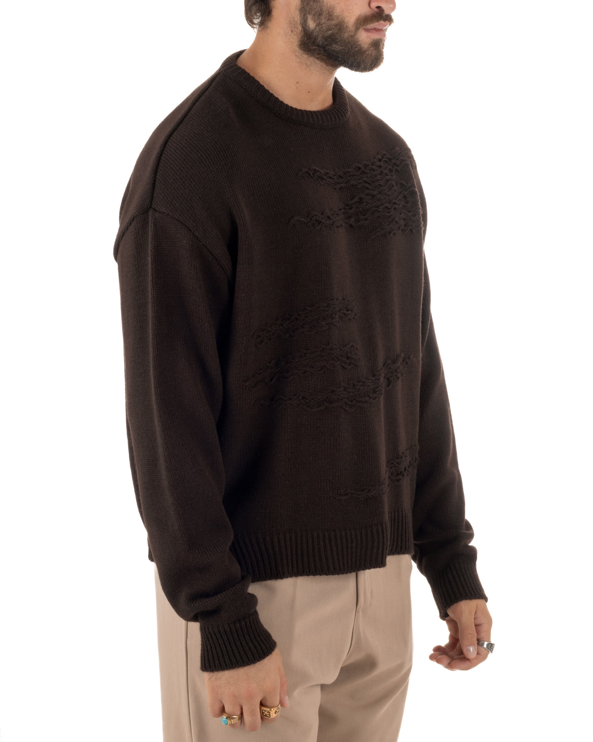 Maglioncino uomo girocollo boxy fit intrecci effetto sfilacciato marrone GIOSAL-M3156A
