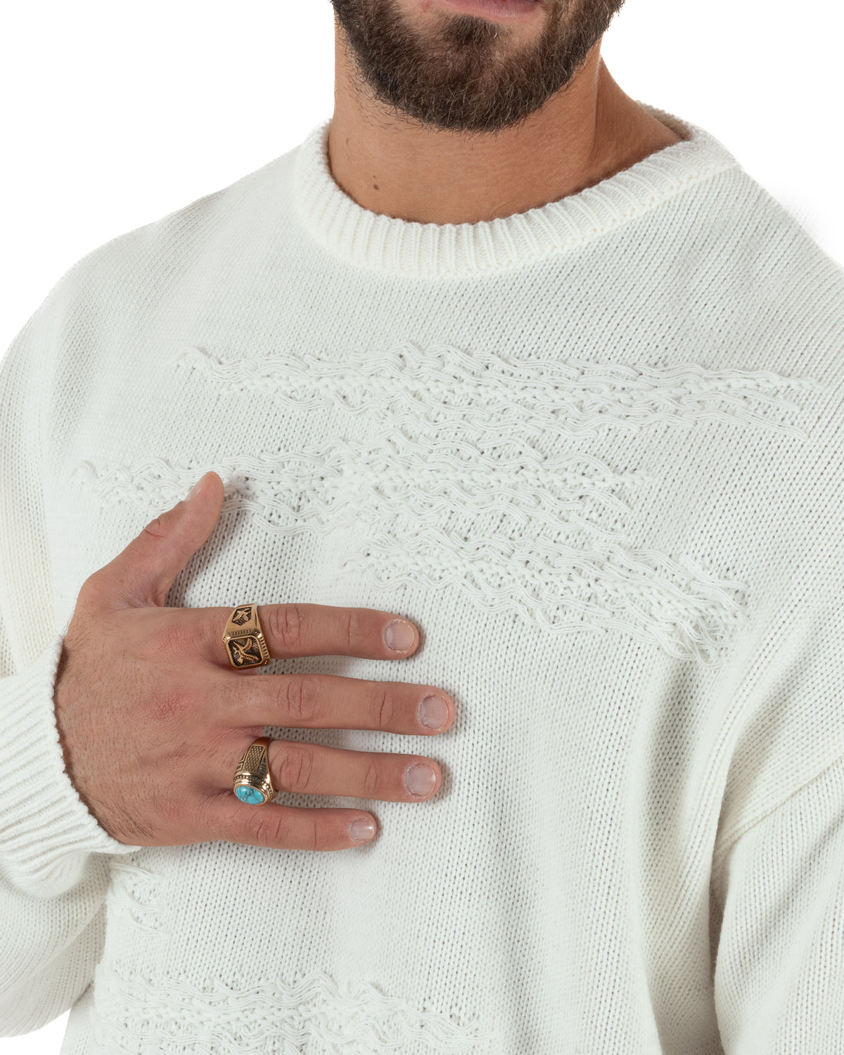 Maglioncino uomo girocollo boxy fit intrecci effetto sfilacciato bianco GIOSAL-M3157A