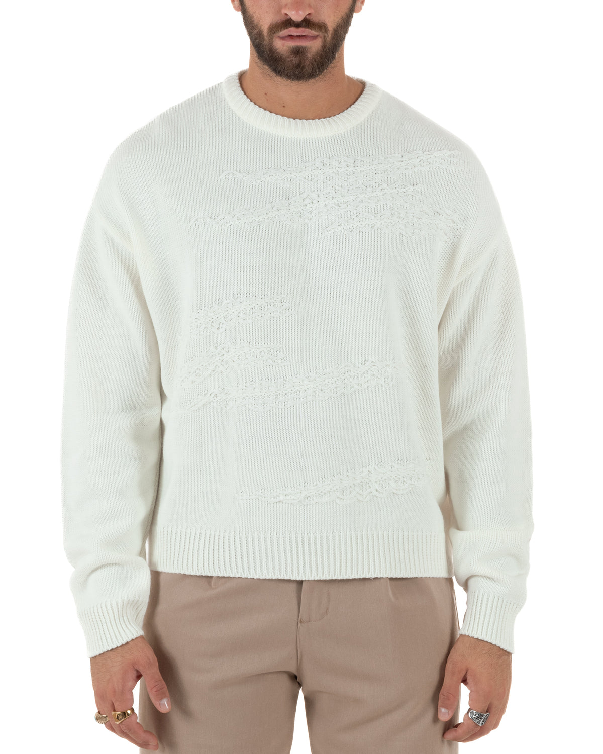 Maglioncino uomo girocollo boxy fit intrecci effetto sfilacciato bianco GIOSAL-M3157A