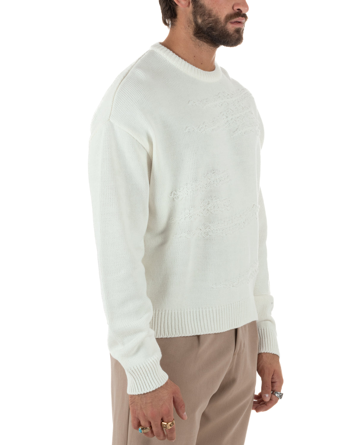 Maglioncino uomo girocollo boxy fit intrecci effetto sfilacciato bianco GIOSAL-M3157A