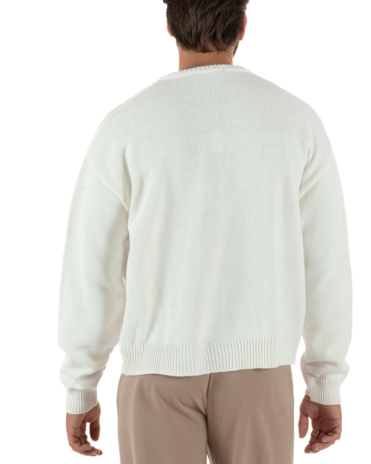 Maglioncino uomo girocollo boxy fit intrecci effetto sfilacciato bianco GIOSAL-M3157A