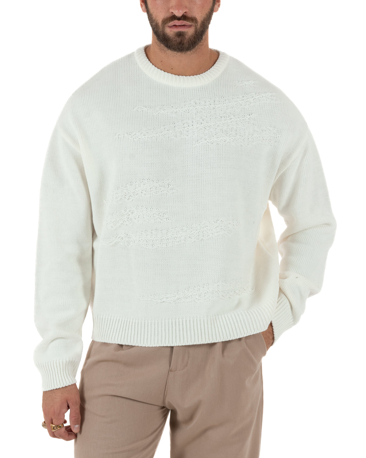 Maglioncino uomo girocollo boxy fit intrecci effetto sfilacciato bianco GIOSAL-M3157A