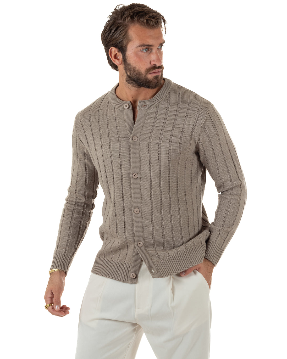 Cardigan giacca coreana uomo maglia coste verticali fango GIOSAL-M3159A