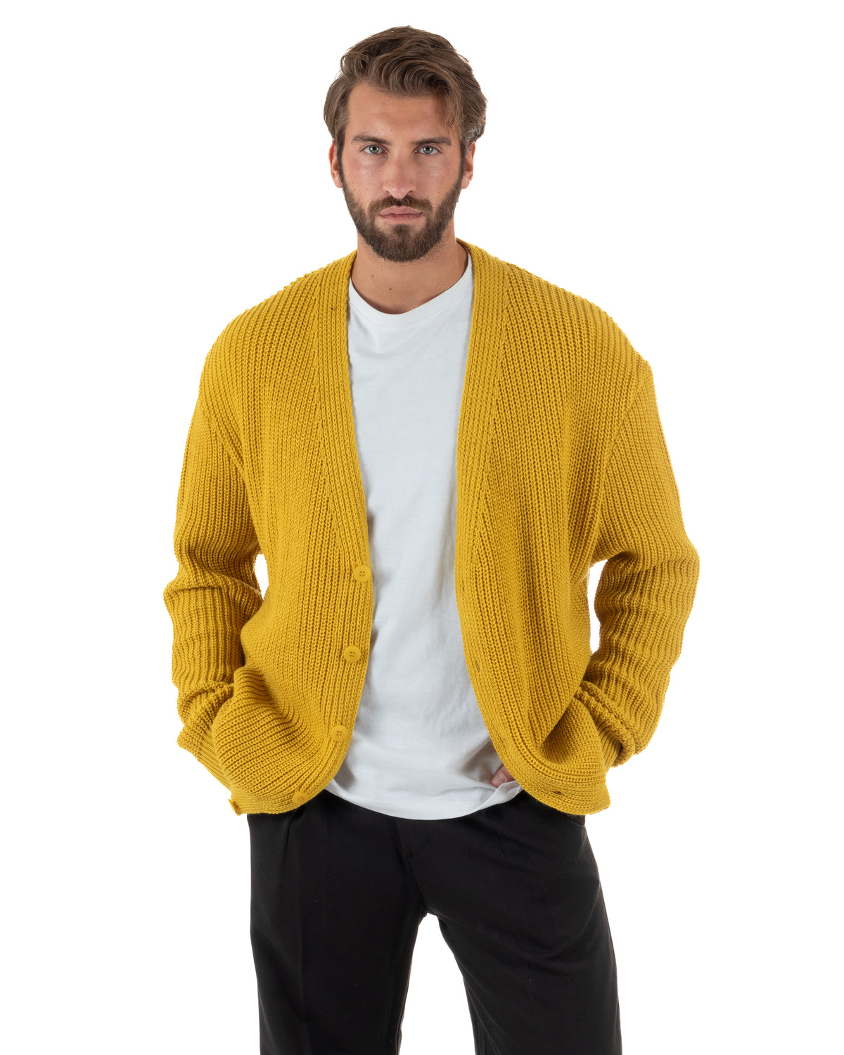 Cardigan uomo maglia crop fit scollo a V coste senape GIOSAL-M3161A