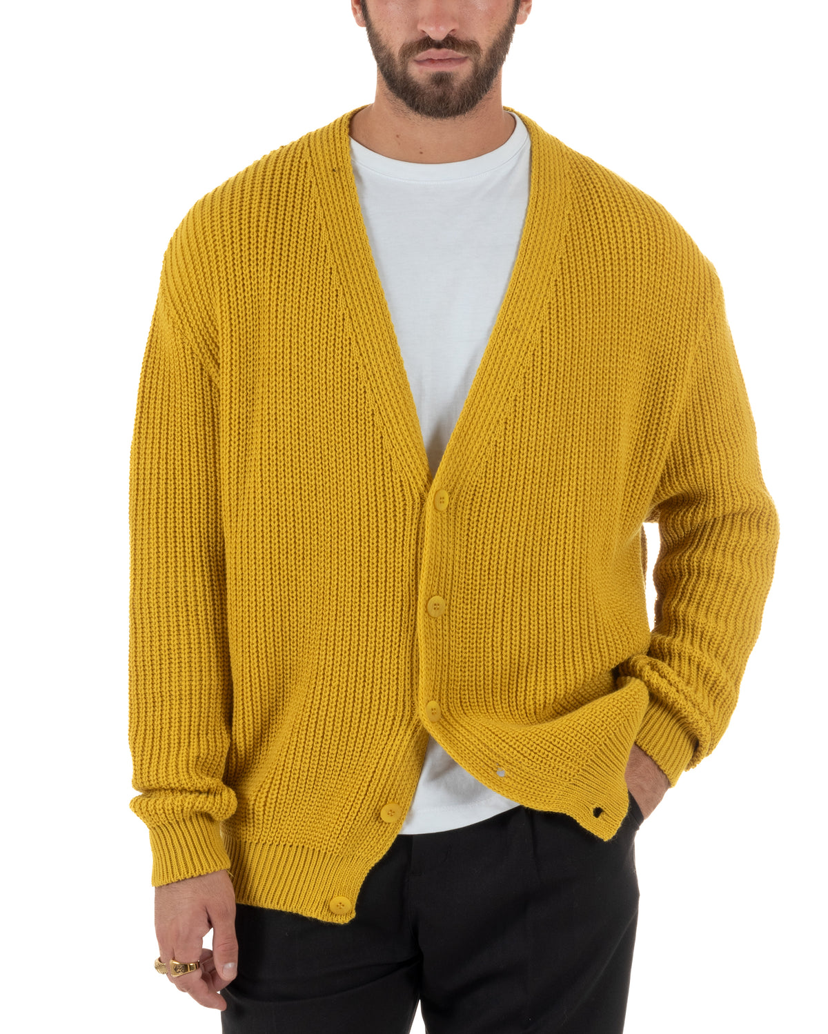 Cardigan uomo maglia crop fit scollo a V coste senape GIOSAL-M3161A
