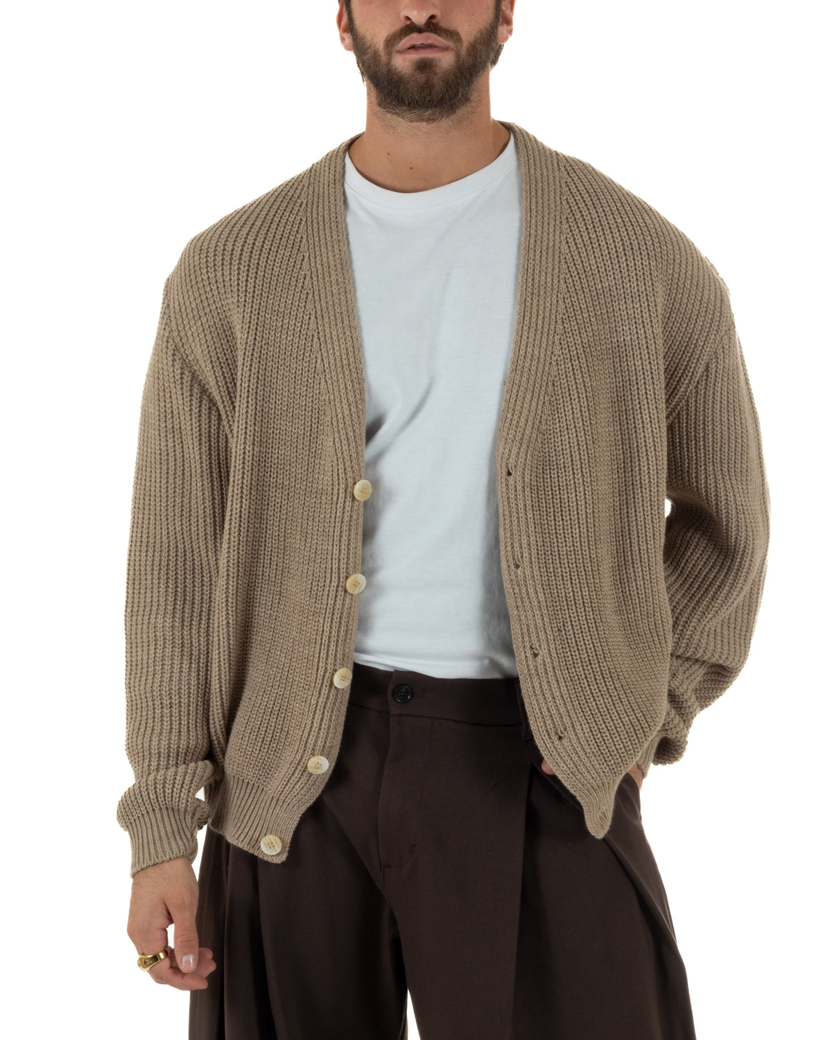 Cardigan uomo maglia crop fit scollo a V coste fango GIOSAL-M3162A