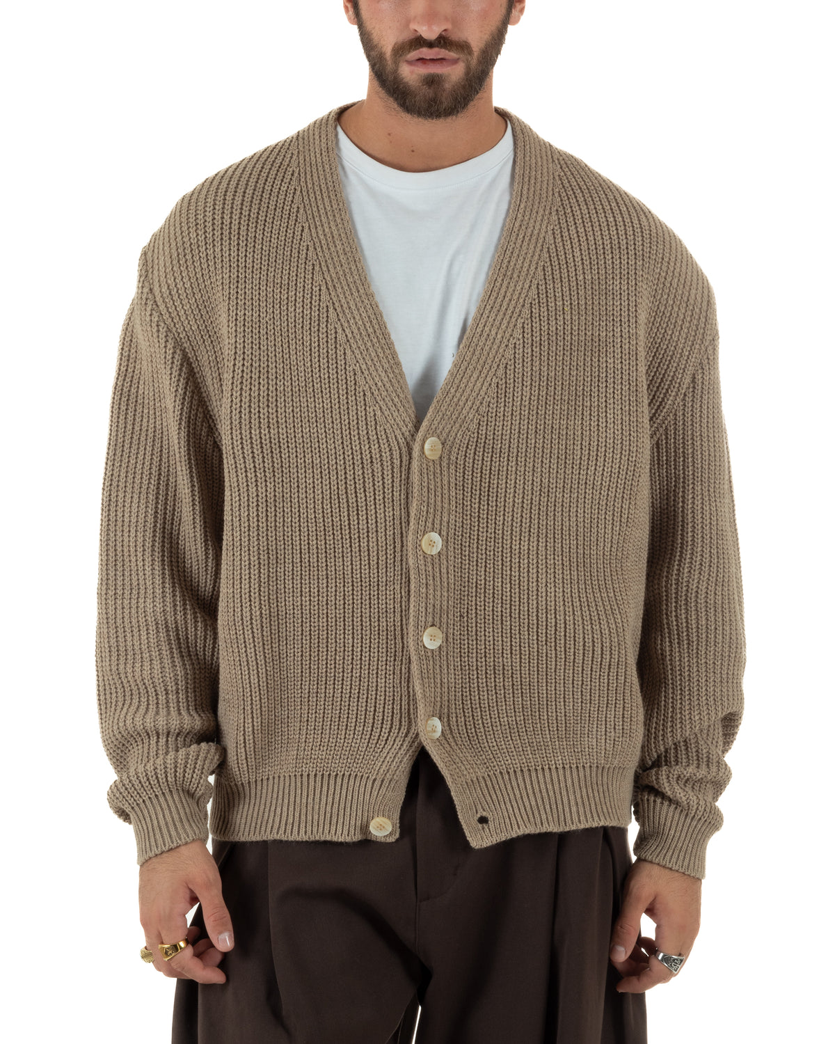 Cardigan uomo maglia crop fit scollo a V coste fango GIOSAL-M3162A