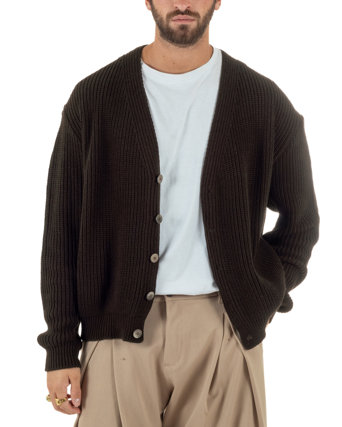 Cardigan uomo maglia crop fit scollo a V coste marrone GIOSAL-M3163A