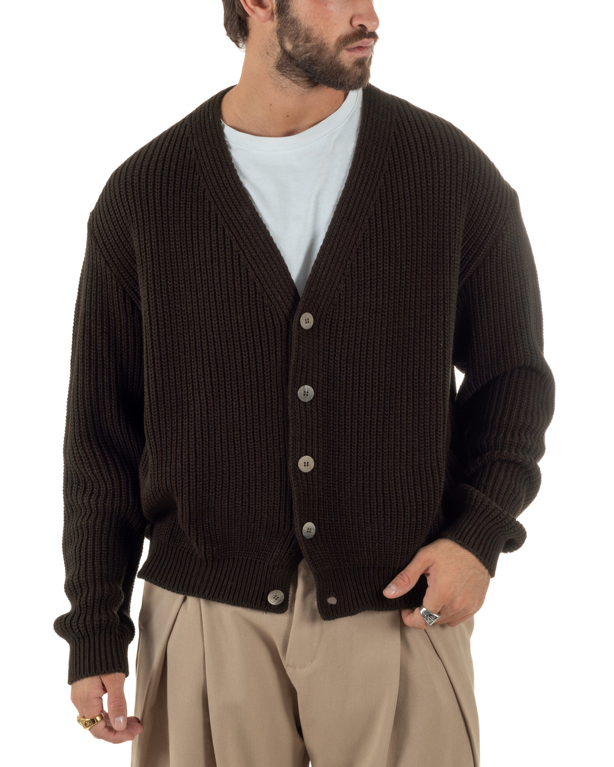 Cardigan uomo maglia crop fit scollo a V coste marrone GIOSAL-M3163A