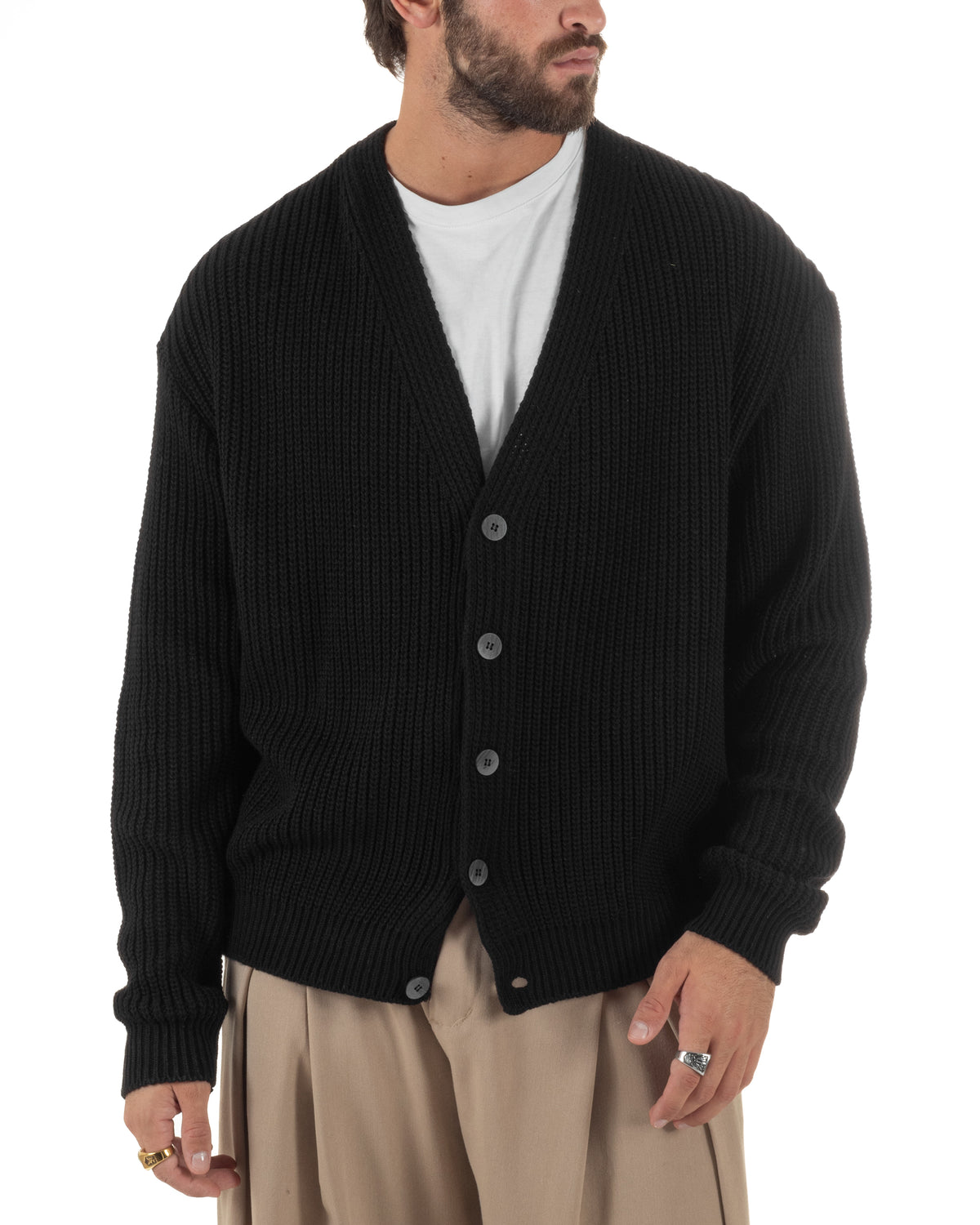 Cardigan uomo maglia crop fit scollo a V coste nero GIOSAL-M3164A