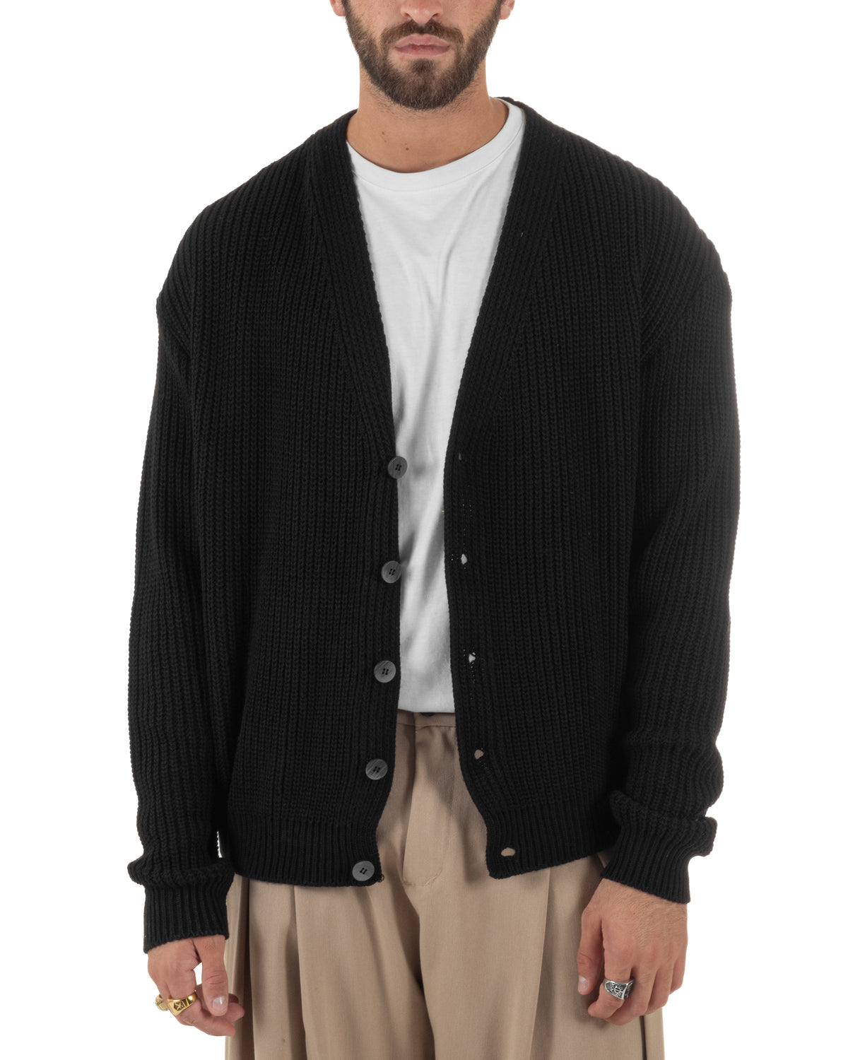 Cardigan uomo maglia crop fit scollo a V coste nero GIOSAL-M3164A