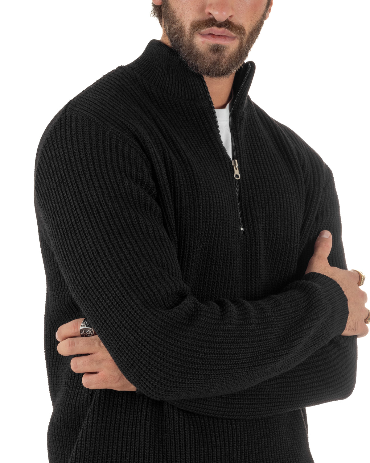 Maglioncino uomo in maglia a coste con collo alto e mezza zip nero GIOSAL-M3167A