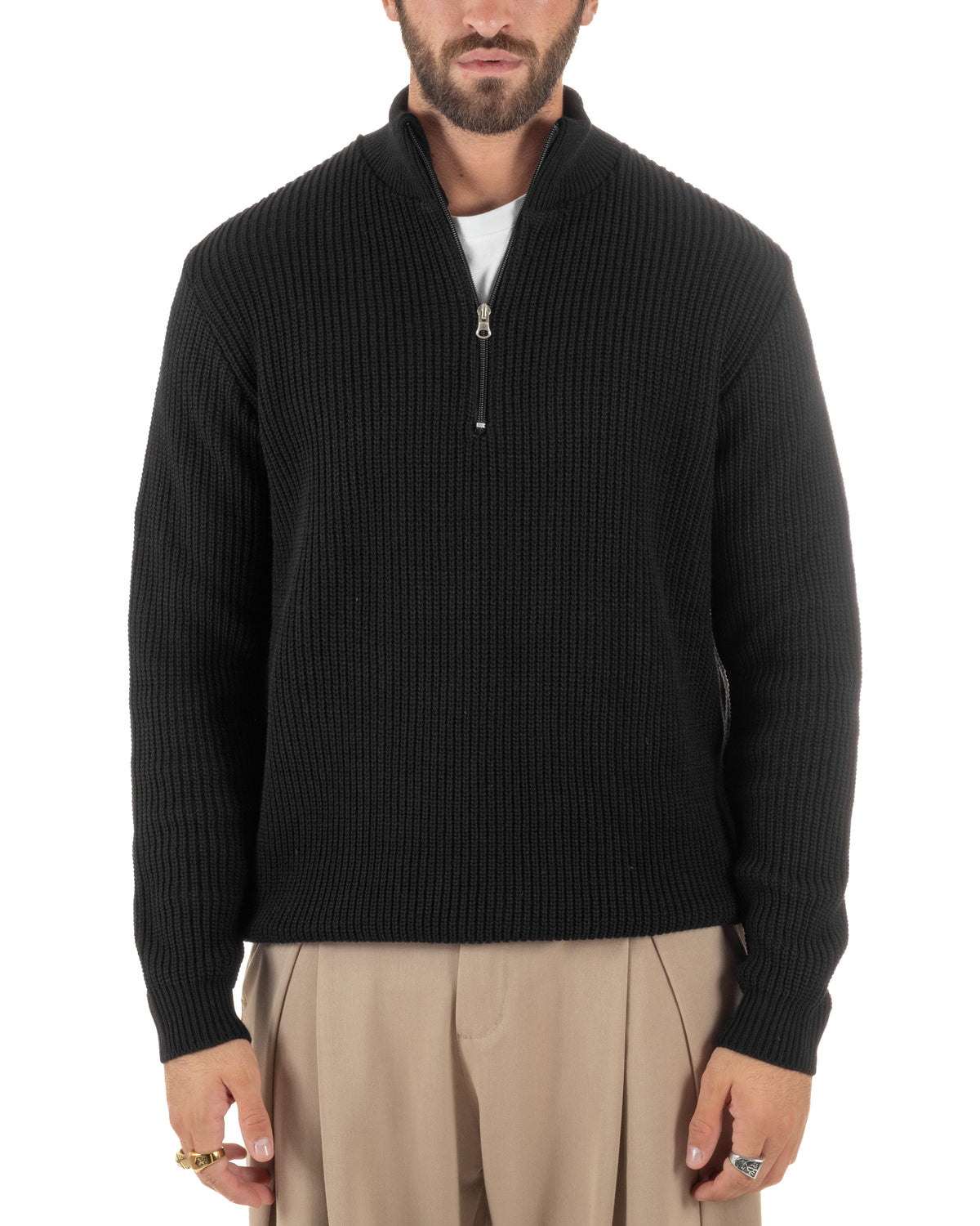 Maglioncino uomo in maglia a coste con collo alto e mezza zip nero GIOSAL-M3167A