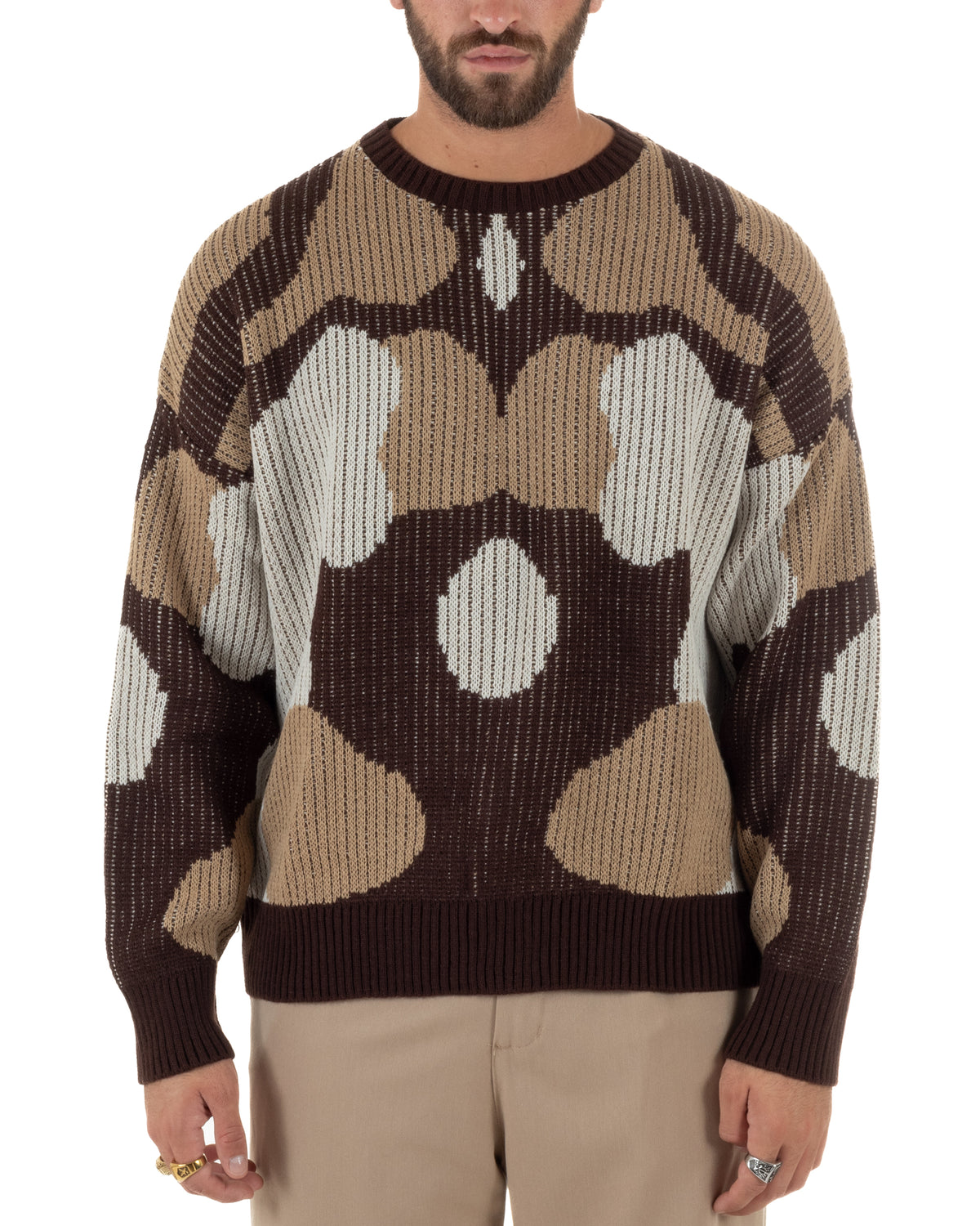 Maglioncino uomo girocollo in maglia jacquard geometrico astratta marrone BlackSunday-M3168A