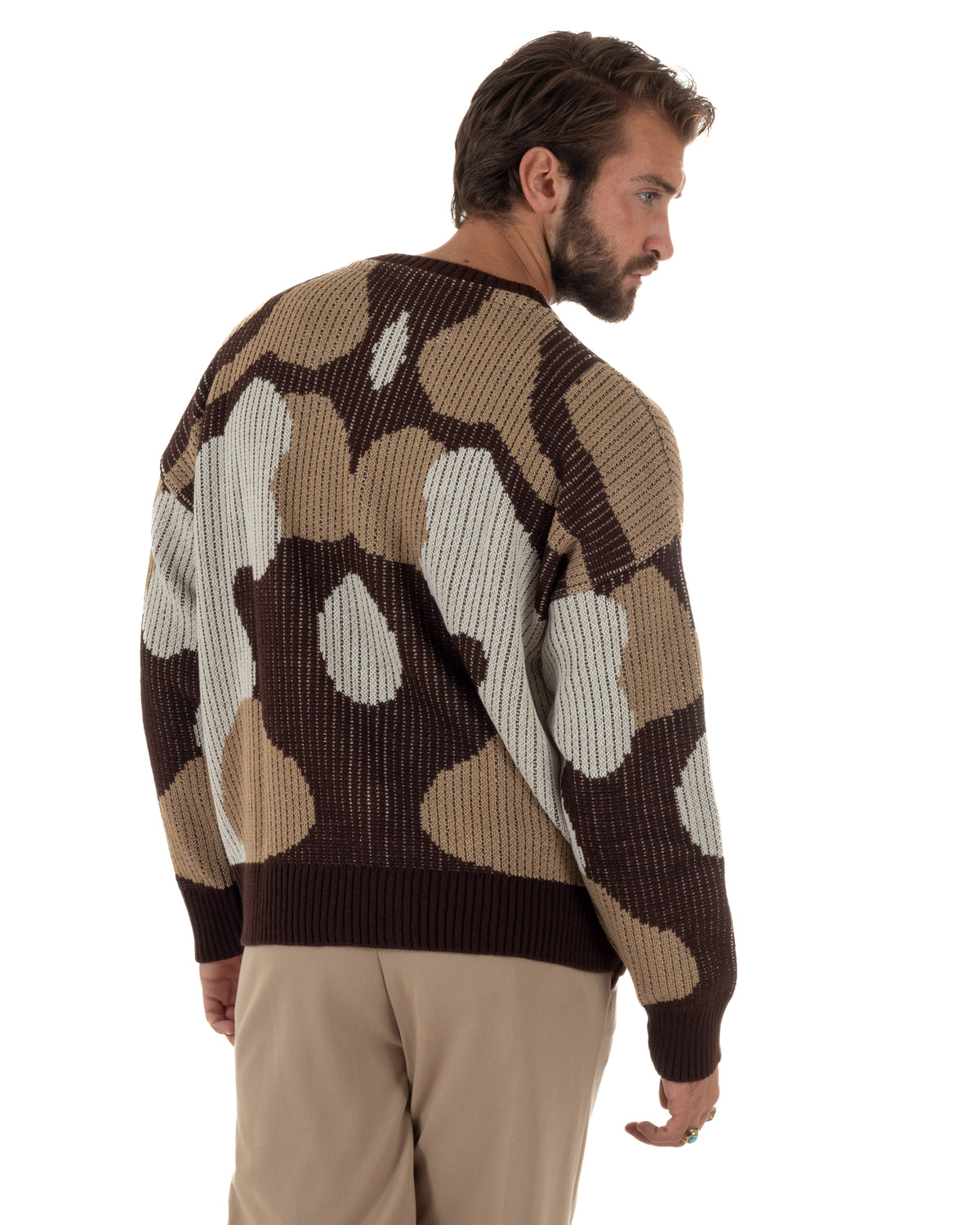 Maglioncino uomo girocollo in maglia jacquard geometrico astratta marrone BlackSunday-M3168A