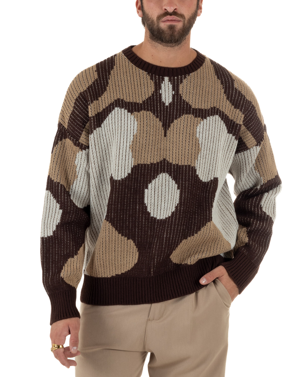 Maglioncino uomo girocollo in maglia jacquard geometrico astratta marrone BlackSunday-M3168A