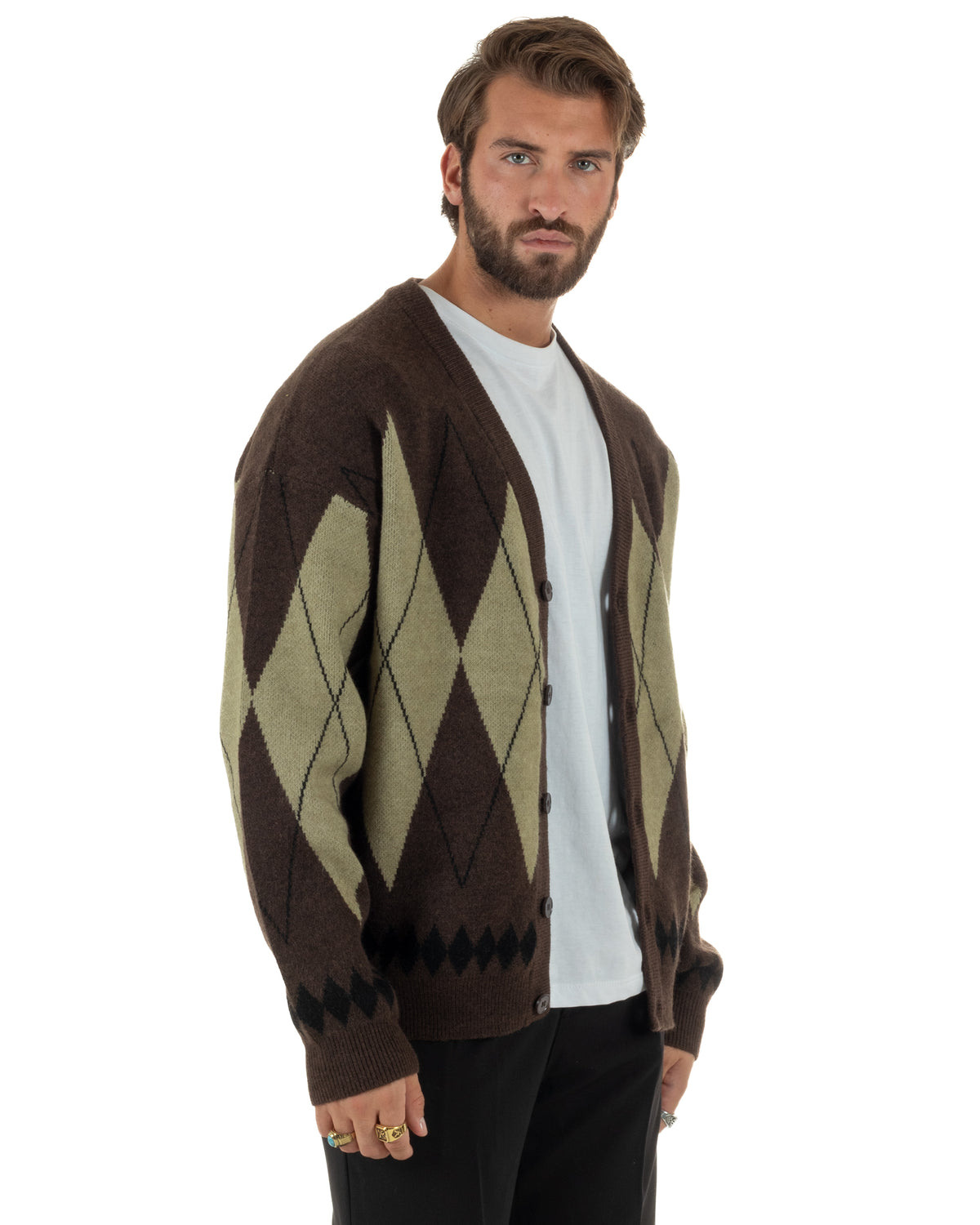 Cardigan uomo maglia over fit scollo v fantasia a rombo bicolore marrone GIOSAL-M3169A