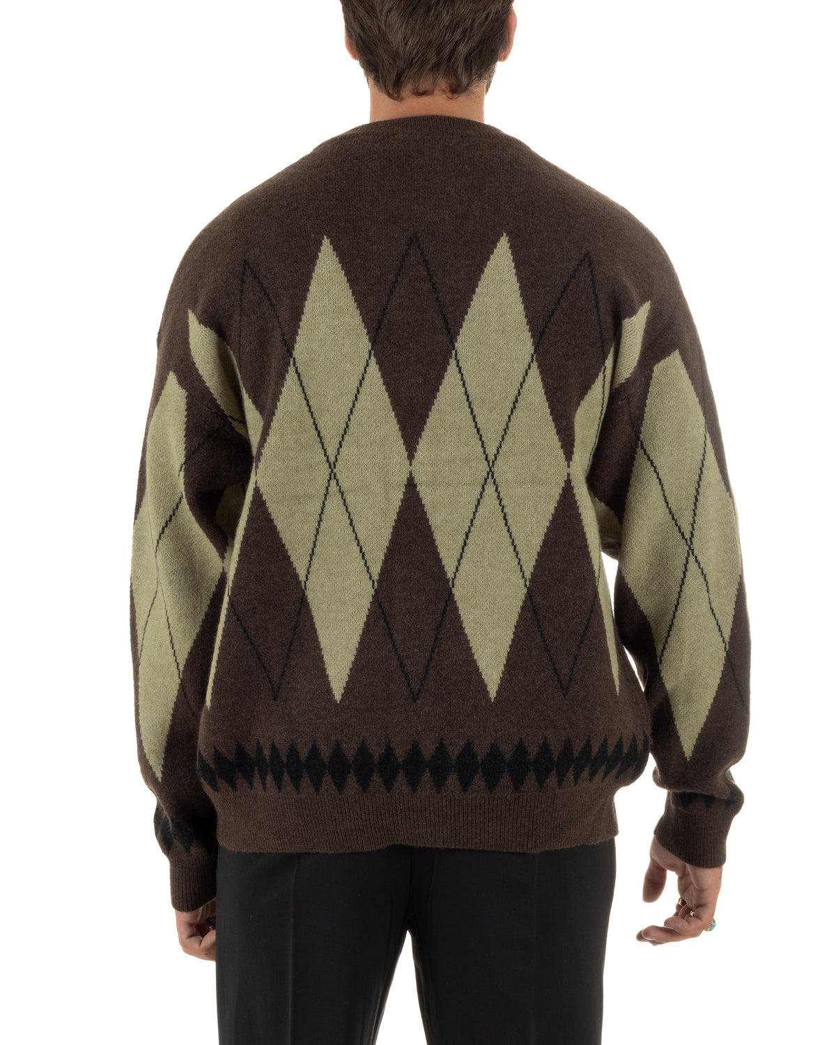 Cardigan uomo maglia over fit scollo v fantasia a rombo bicolore marrone GIOSAL-M3169A